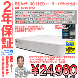【2年保証】防犯カメラ・アナログ52万画素4CH録画ハードディスクレコーダー|500GB搭載・HDD最大4TBへ増強可・日本語メニュー|ES-DV804A