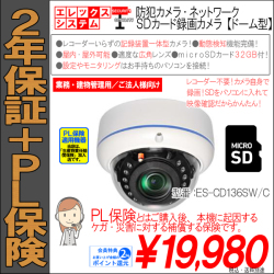【1年保証+PL保険】防犯カメラ・ネットワーク・IPカメラSDカード録画カメラ・ドーム型|最大130万画素・SD200GB対応|SDカード32GB付属|ES-CD136SW/C